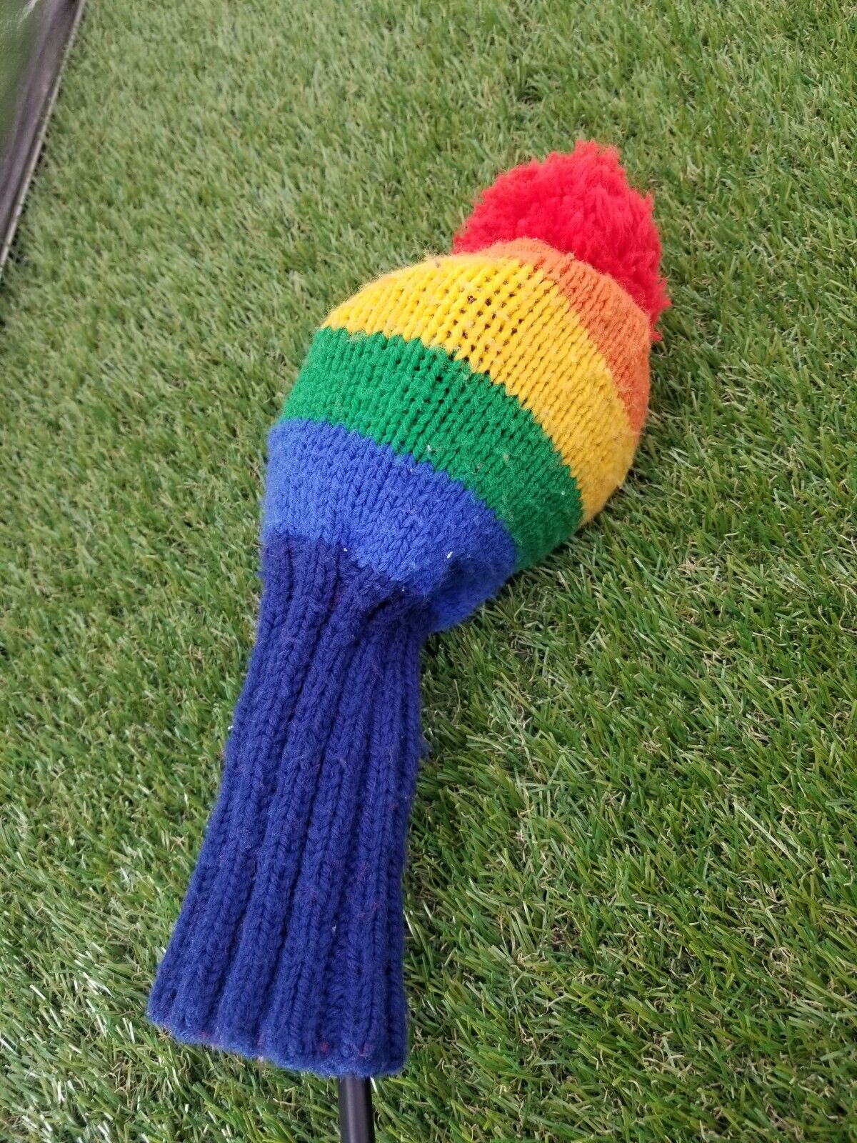 HANDKNIT RAINBOW HEADCOVER WITH POMPOMS FOR DRIVER OR WOODS VERYGOOD