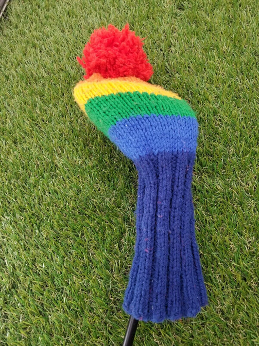 HANDKNIT RAINBOW HEADCOVER WITH POMPOMS FOR DRIVER OR WOODS VERYGOOD