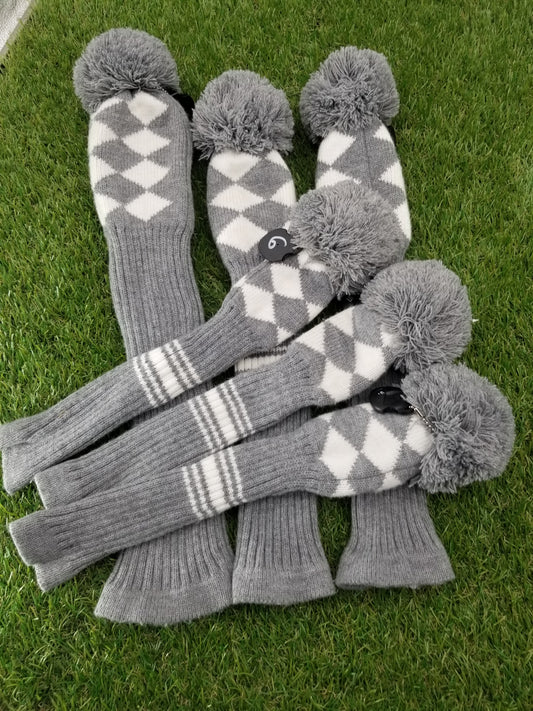 GRAY AND WHITE DRIVER, 2X FAIRWAY 3X HYBRID HEADCOVER SET VERYGOOD