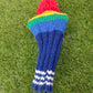 HANDKNIT RAINBOW STRIPES HEADCOVER WITH POMPOMS FOR DRIVER OR WOODS VERYGOOD