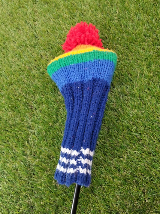 HANDKNIT RAINBOW STRIPES HEADCOVER WITH POMPOMS FOR DRIVER OR WOODS VERYGOOD