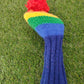 HANDKNIT RAINBOW HEADCOVER WITH POMPOMS FOR DRIVER OR WOODS VERYGOOD