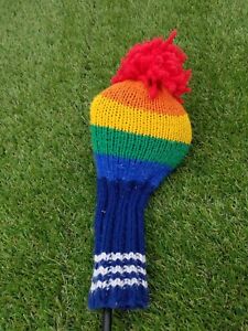 HANDKNIT RAINBOW STRIPES HEADCOVER WITH POMPOMS FOR DRIVER OR WOODS VERYGOOD